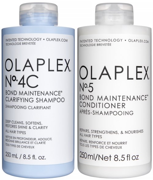 Twee flessen haarverzorgingsproducten, shampoo en conditioner, voor bondonderhoud en reiniging.