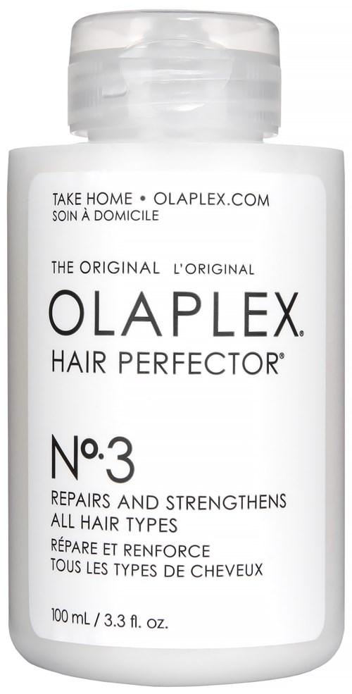 A white bottle of Olaplex No. 3 Hair Perfector, with black and gray text, indicating its purpose for hair repair and strengthening.