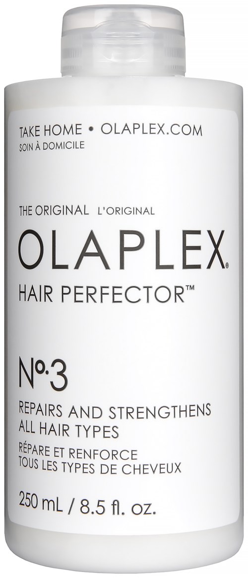 Een witte fles met label Olaplex Hair Perfector No.3, 250 ml, voor het repareren en versterken van alle haartypen.