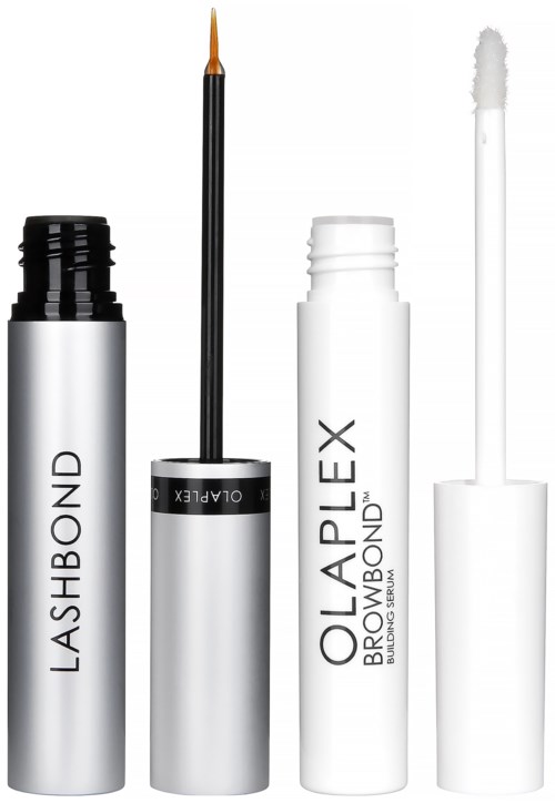 Twee tubes en borstels voor het verven van wimpers en wenkbrauwen. Ze zijn gemarkeerd met 'LASHBOND' en 'OLAPLEX BROW'.