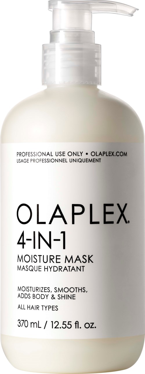 Een witte fles met pomp bevat Olaplex 4-in-1 Moisture Mask voor alle haartypes, hydrateert en geeft glans.