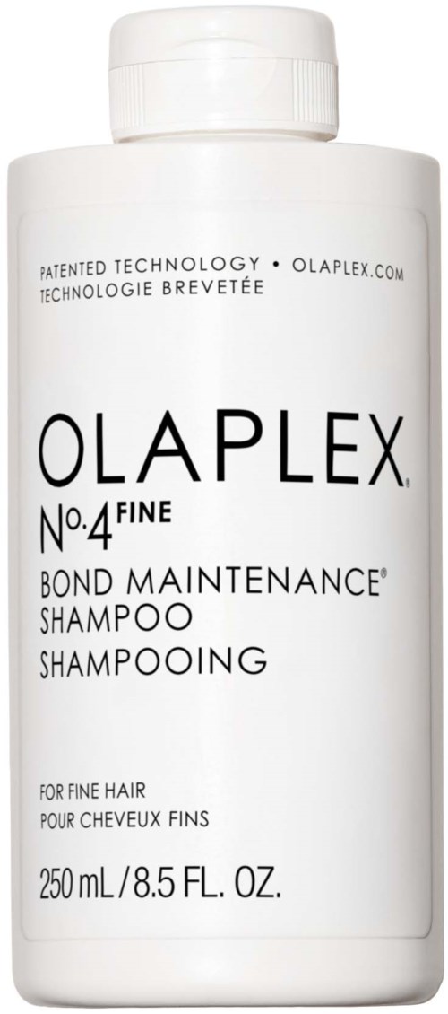 Witte fles met Olaplex No. 4 bond maintenance shampoo met zwarte tekst. 250 ml voor fijn haar.