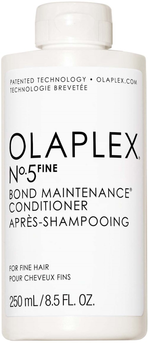 Een witte fles Olaplex No. 5 Bond Maintenance Conditioner, voor fijn haar, 250 ml.