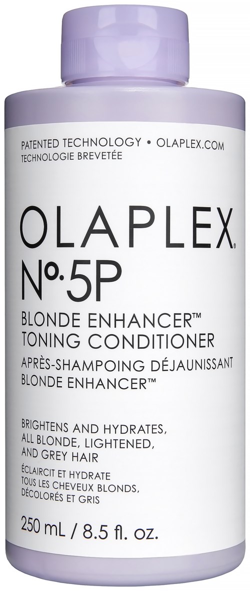 Een witte fles met label Olaplex N°5P Blonde Enhancer Toning Conditioner, 250 mL, voor blond en grijs haar.