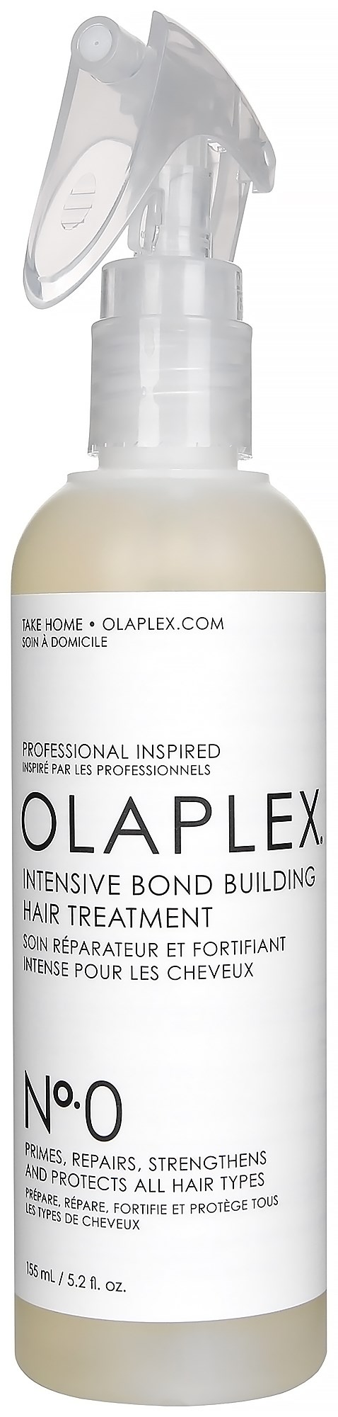 Een witte sprayfles met label Olaplex No.0, voor haarreparatie en versterking.