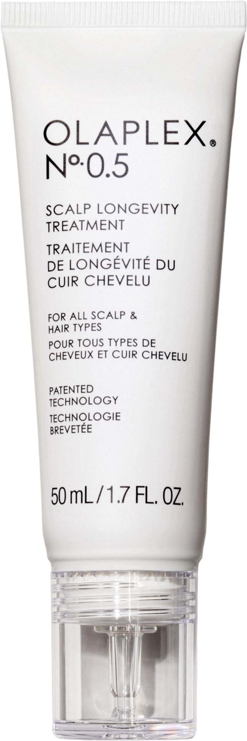 En vit tub av Olaplex No. 0.5 hårbottenbehandling med text, genomskinlig lock och storleksuppgifter.