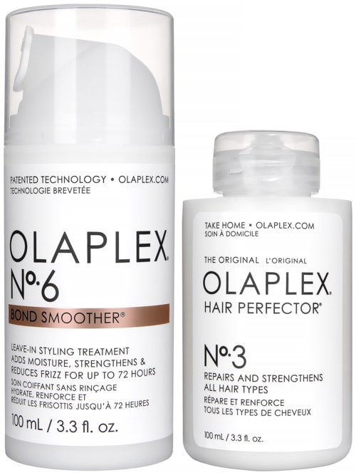 Twee witte haarverzorgingsflessen, één grotere met 'Bond Smoother' en een kleinere met 'Hair Perfector'.