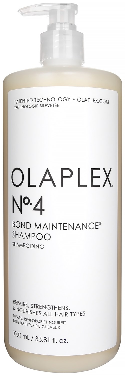 Een witte shampoofles met pomp, gemarkeerd Olaplex No.4 Bond Maintenance, 1000 ml, voor het repareren en versterken van haar.