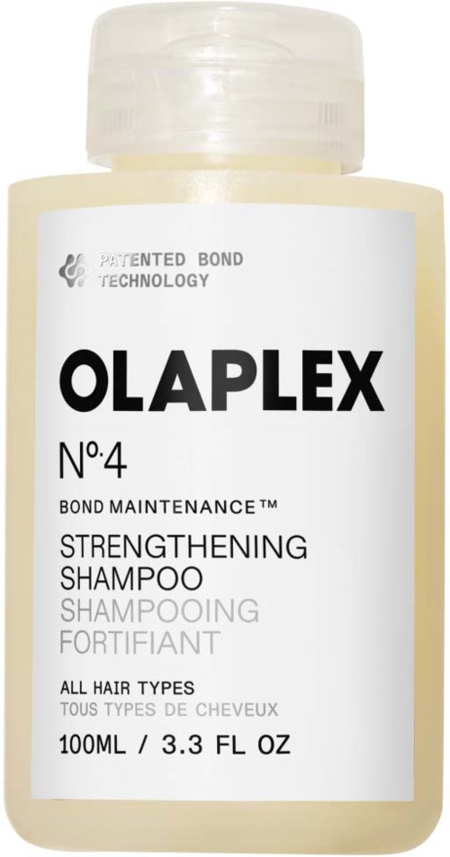 Flaske med Olaplex No. 4 Bond Maintenance styrkende sjampo, hvit etikett med svart tekst, 100 ml kapasitet.