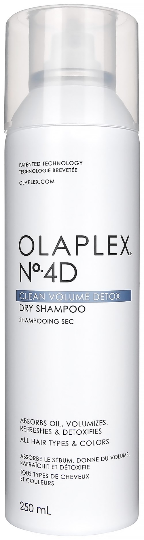 Een witte fles Olaplex No.4D Droogshampoo met doorzichtige dop en label, die beweert dat het haar reinigt, verfrist en detoxifieert.