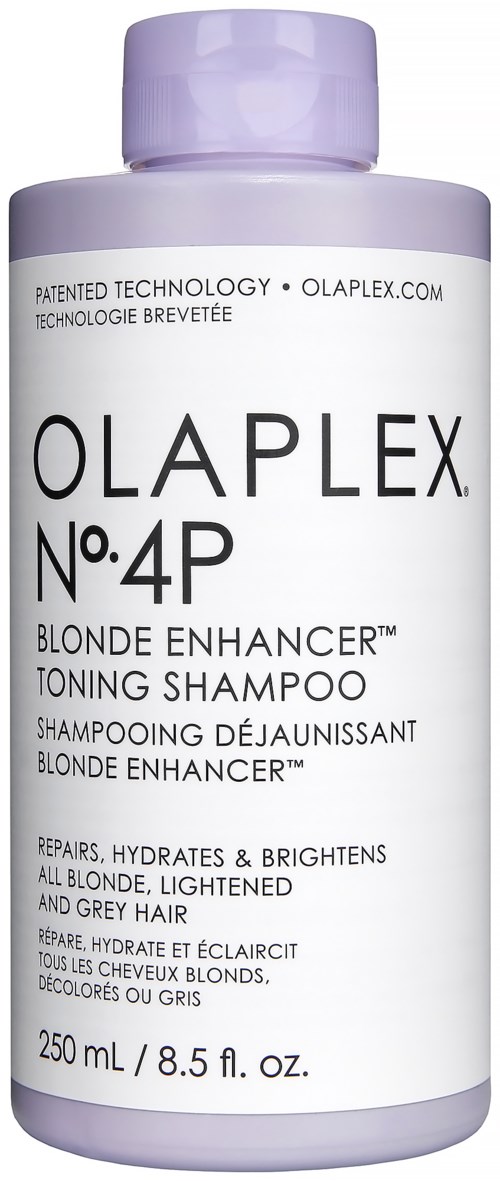 Een witte fles met een paarse dop, gelabeld Olaplex No.4P Blonde Enhancer Toning Shampoo voor blond en grijs haar.