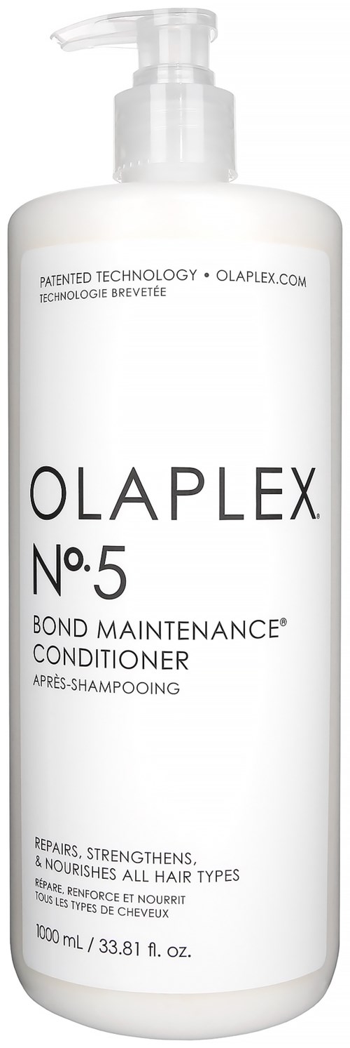 A white bottle with a pump labeled Olaplex No. 5 Bond Maintenance Conditioner for hair care.