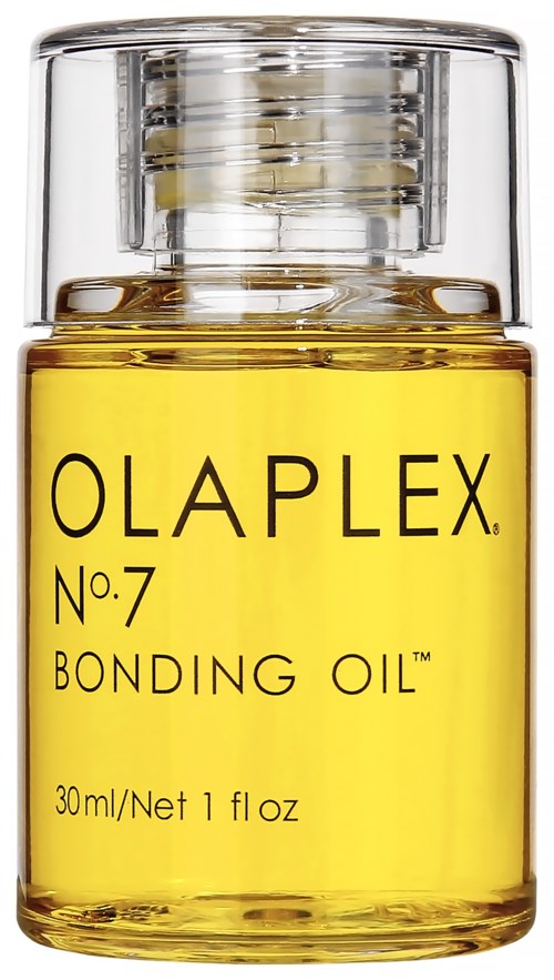 Olaplex No. 7 Bonding Oil is in a clear bottle with yellow oil, black text, and a silver cap.