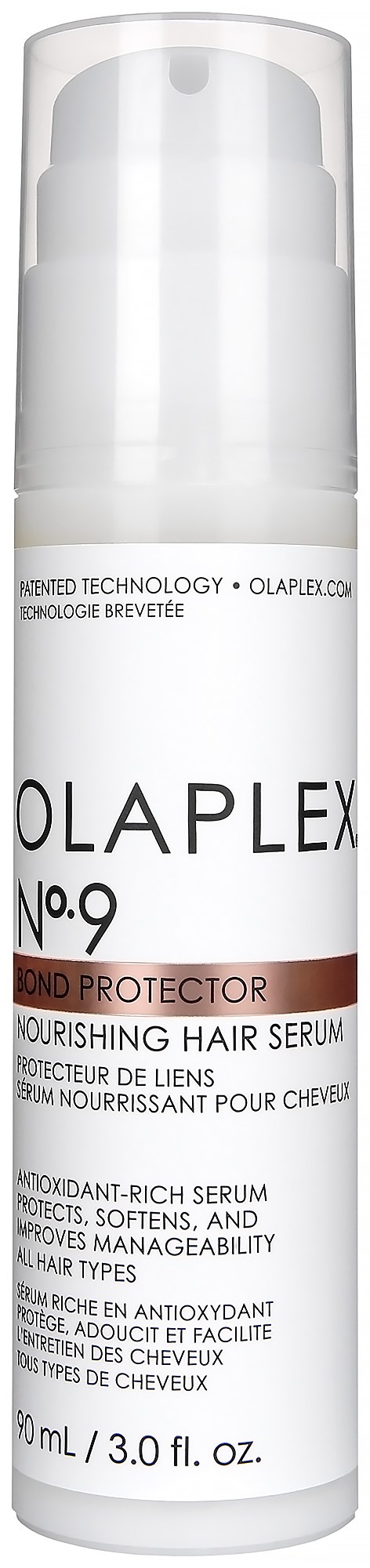 Een witte fles Olaplex No.9 Bond Protector Nourishing Hair Serum met tekst en pompdispenser.