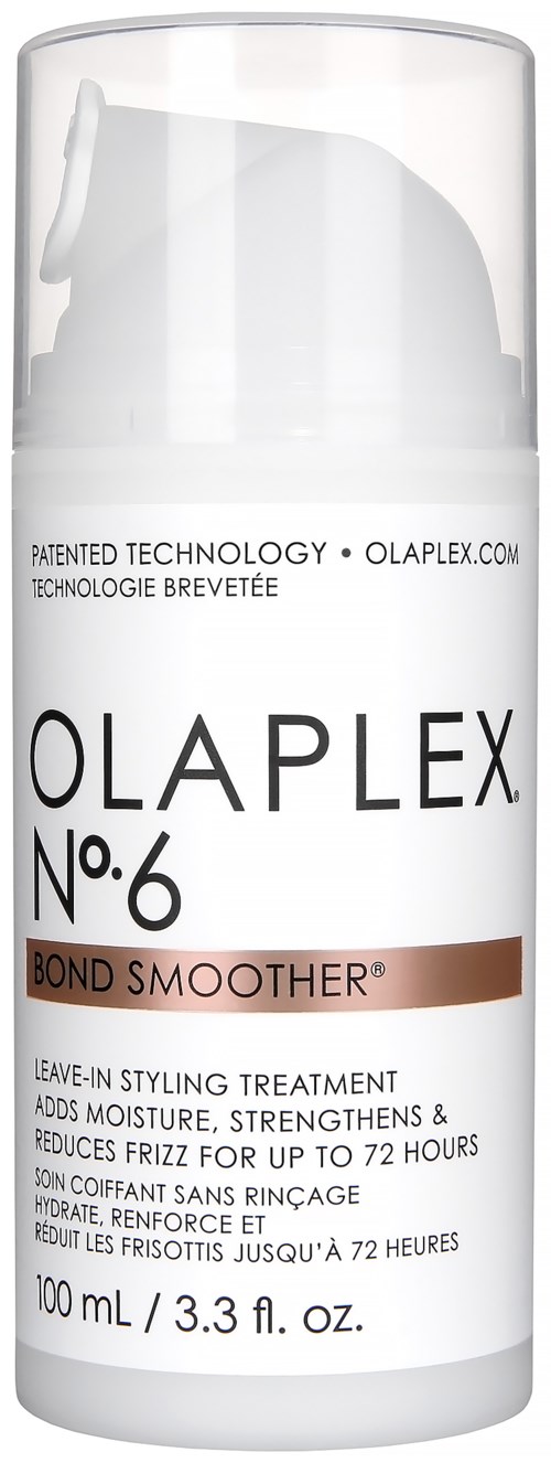 A white bottle with a pump, labeled Olaplex No. 6 Bond Smoother, a leave-in hair treatment for moisture and frizz control.