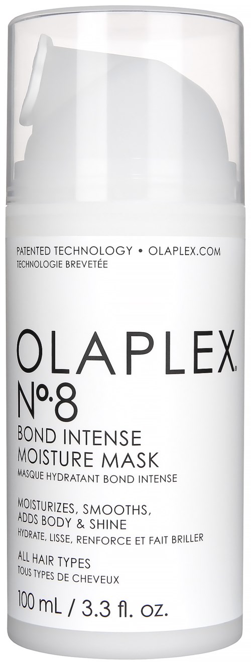 Een witte fles met zwarte tekst, labeled Olaplex No.8 Bond Intense Moisture Mask, 100 mL, voor haarverzorging.