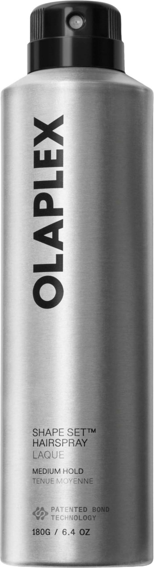 En lång silverburk med Olaplex Shape Set hårr spray och svart lock med detaljerad etikett.