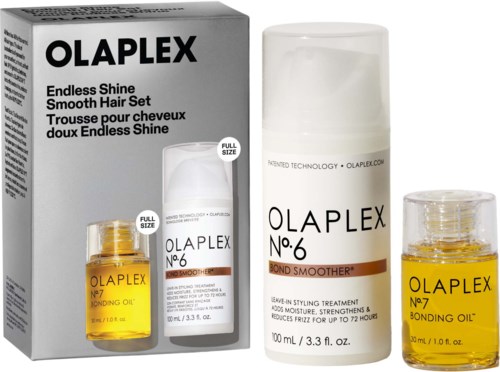 De afbeelding toont Olaplex-haarverzorgingsproducten, inclusief een doos en flessen voor haarbehandeling en olie.
