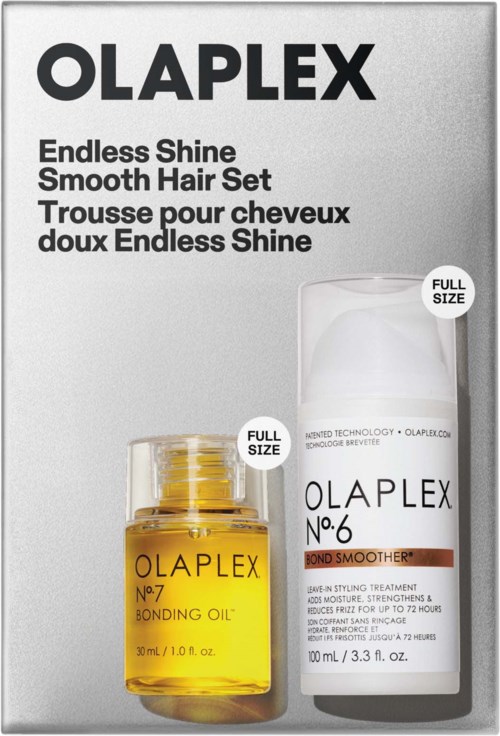 Olaplex-producten voor glans en glad haar in de set, met een fles gemarkeerd No.7 Bonding Oil en een No.6 Bond Smoother.