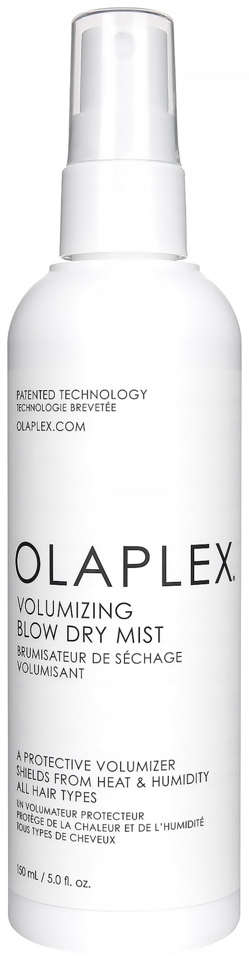 Eine weiße Sprühflasche mit Olaplex Volumizing Blow Dry Mist, schützt Haar vor Hitze und Feuchtigkeit.