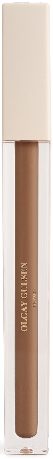 Lippen Gloss Tube mit beigem Deckel und brauner Flüssigkeit.