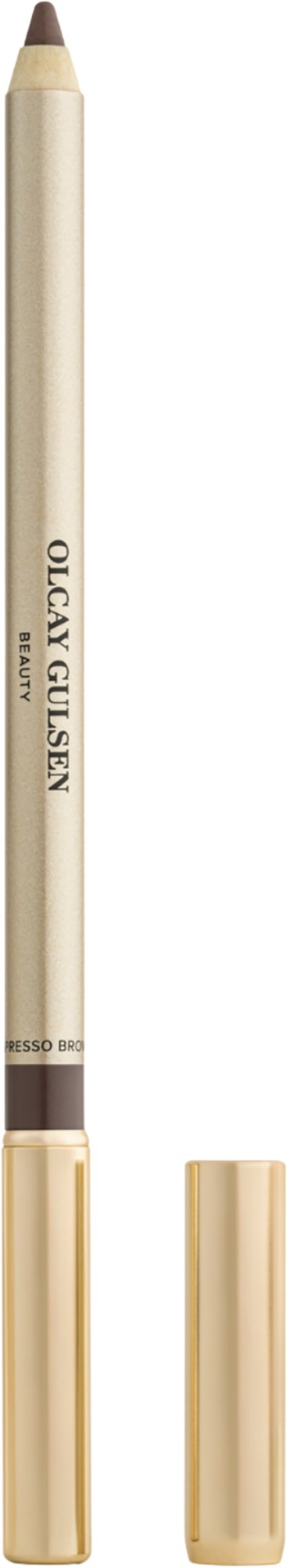 Ein beiger Lippenstift mit Kappe, beschriftet "Olga Guleva," steht aufrecht auf weißem Hintergrund.