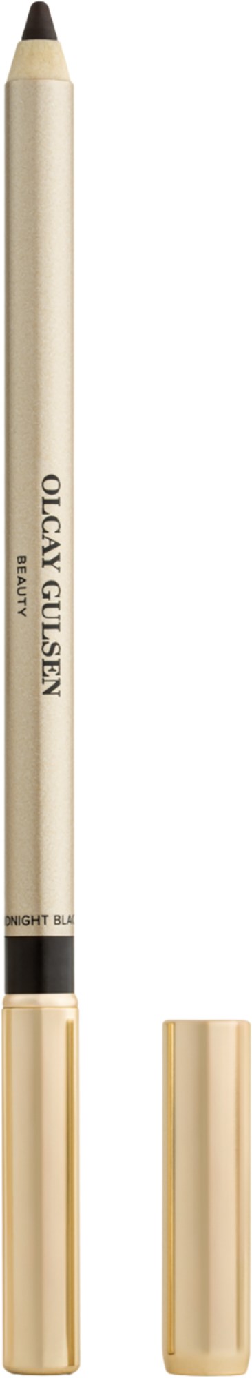 Ein beigeleg Make-up-Bleistift mit Deckel, mit schwarzem Text, und der Deckel liegt daneben.