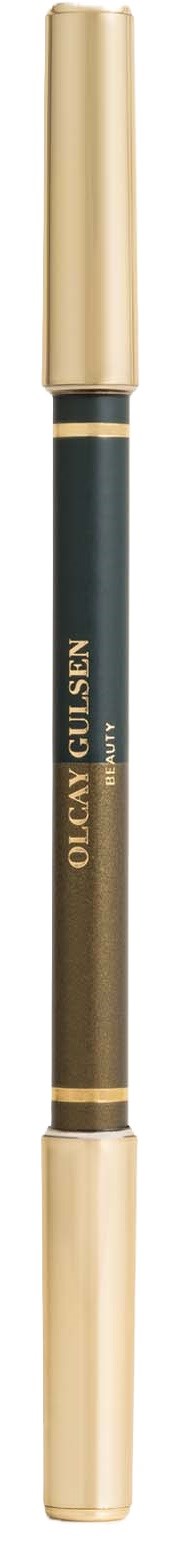 Een make-uppotlood met een beige dop, zwarte lichaam en gouden details, gemerkt Olly Gutsen.