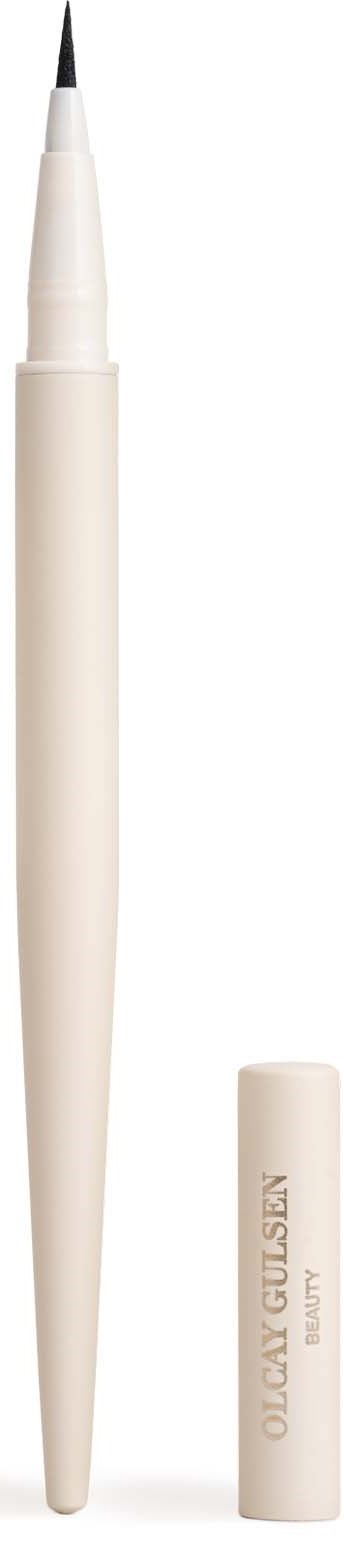 Een witte pen met afneembare dop, dunne zwarte punt en strak ontwerp op een zwarte achtergrond.