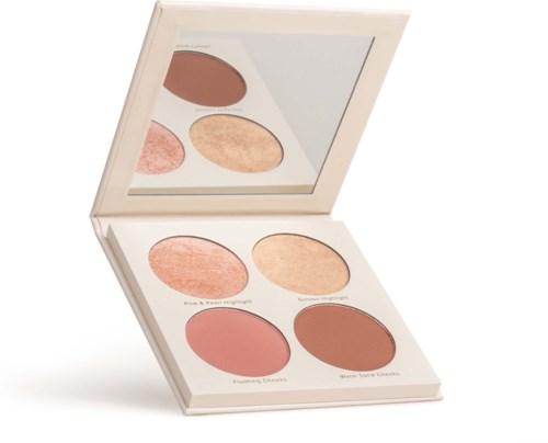 Een make-uppalette met vier grote, verschillende gekleurde poeders en een mirror in het deksel.