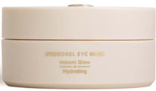Pieni pyöreä purkki, jossa lukee 'Hydrogel Eye Mask' kullatulla tekstillä, tarkoitettu ihonhoitoon.