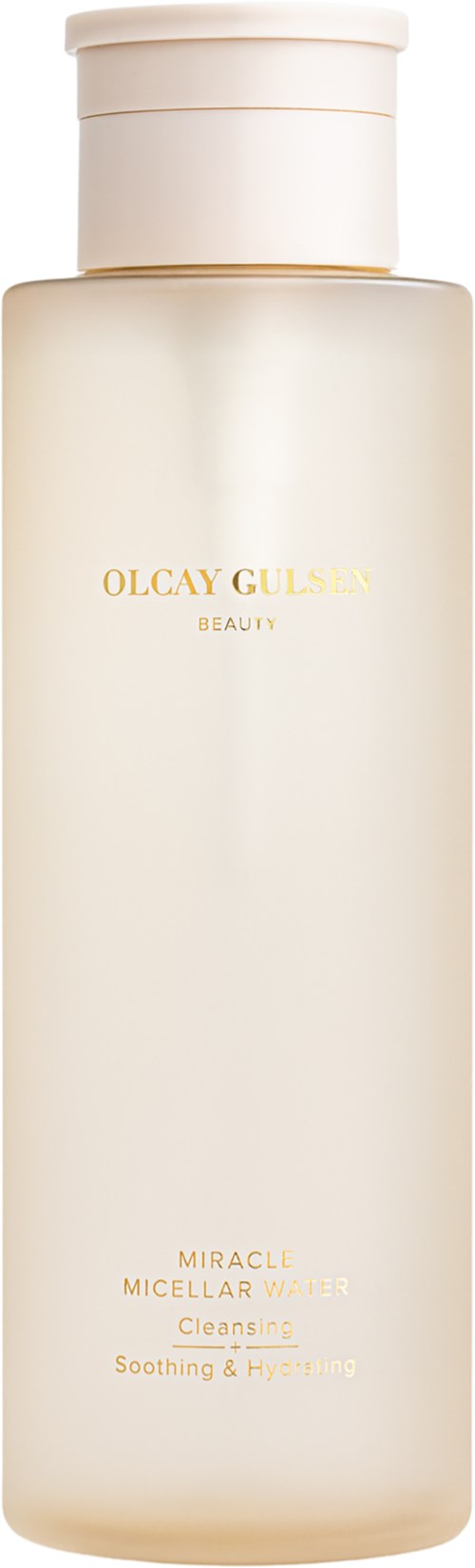 Een lange, crèmekleurige fles met eenvoudige dop, label "Olaxy Guren" en "Miracle Micellar."