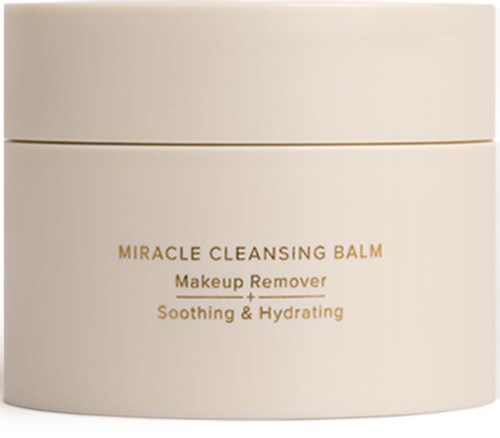 Een witte pot met 'Miracle Cleansing Balm' voor make-up verwijdering, kalmerend en hydraterend.