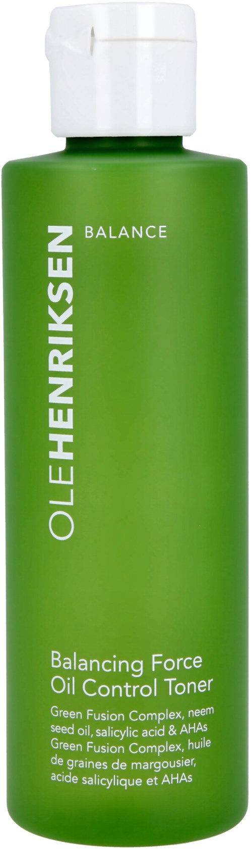 Zielona butelka Ollehhrkensen balancing force olej kontrolujący toner z białą nakrętką.
