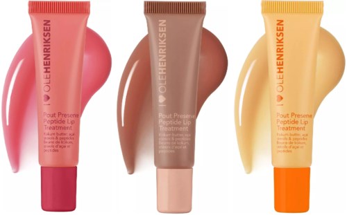 Drie tubes lip treatment in roze, bruin en geel met swatches boven elk.