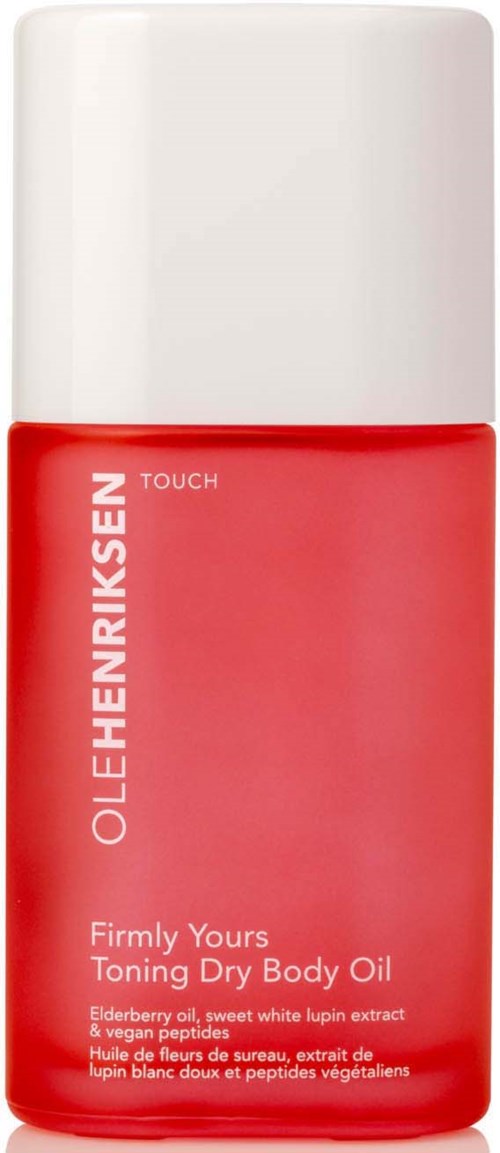 Punainen vartalovuotelasi, jossa valkoinen korkki, merkitty 'Olehenriksen Touch' ja 'Firmly Yours Toning Dry Body Oil.'