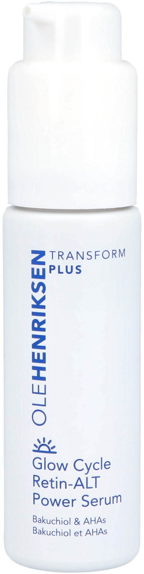 Eine weiße Flasche mit der Aufschrift Ole Henriksen, Glow Cycle Retin-ALT Power Serum, mit Pumpkopf.