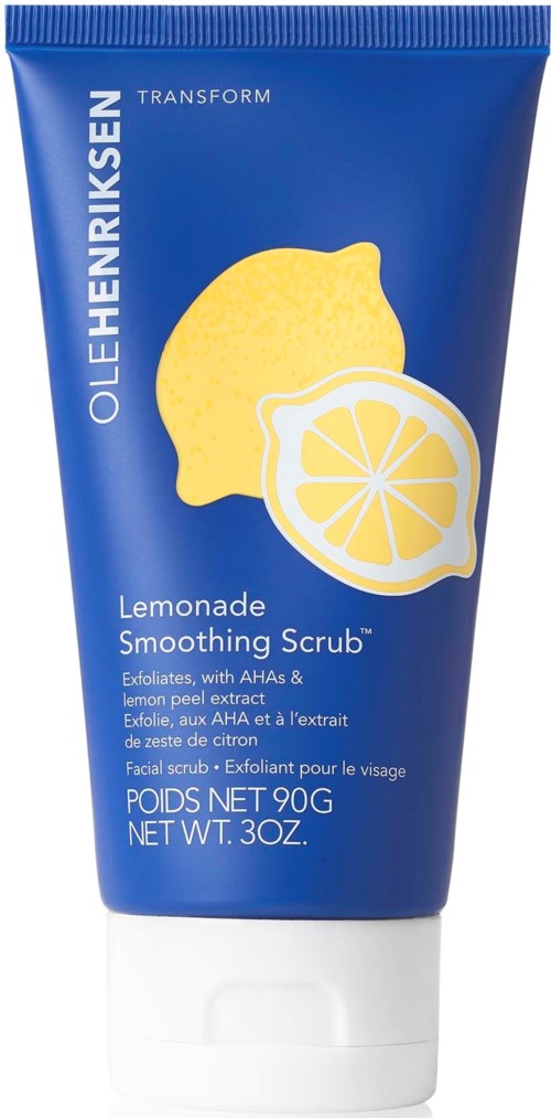 Eine blaue Tube Olleh Noksen Lemonade Smoothing Scrub mit Zitronenillustration und Produktdetails.