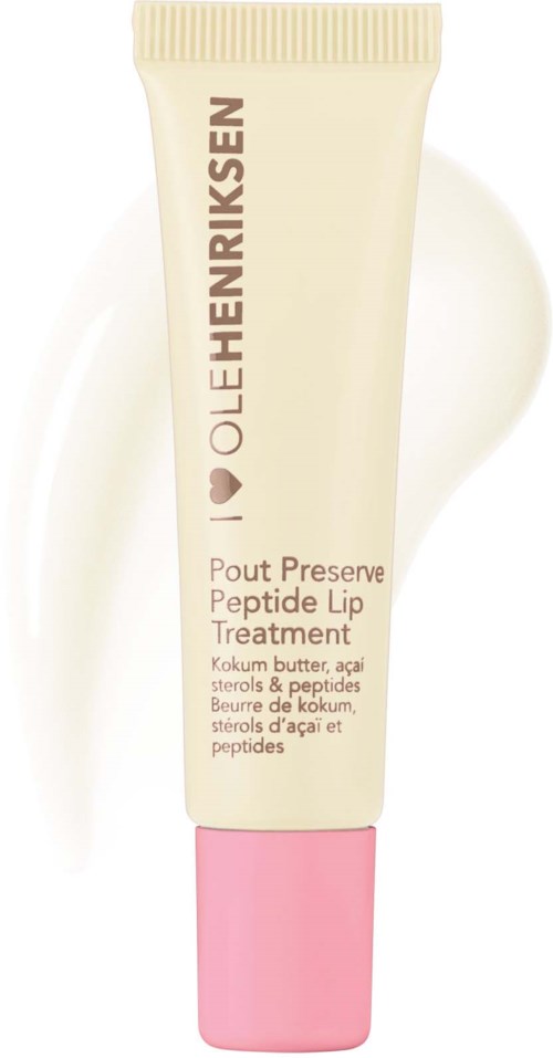 Kleine Tube mit rosa Verschluss, beschriftet Ole Henriksen Pout Preserve Peptide Lip Treatment, enthält Lippenbalsam.