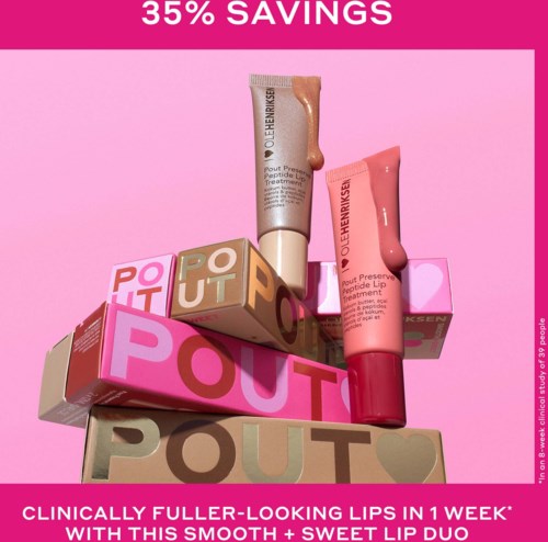 Två rör av läppvård på rosa och beige POUT-lådor, som främjar fylligare, slätare läppar på en vecka.