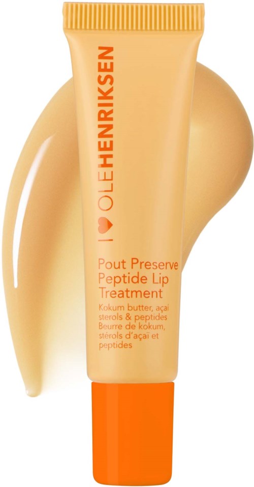 Beige buis met lipverzorging en oranje dop, gemarkeerd met merknaam en productdetails, naast een beetje van het product.
