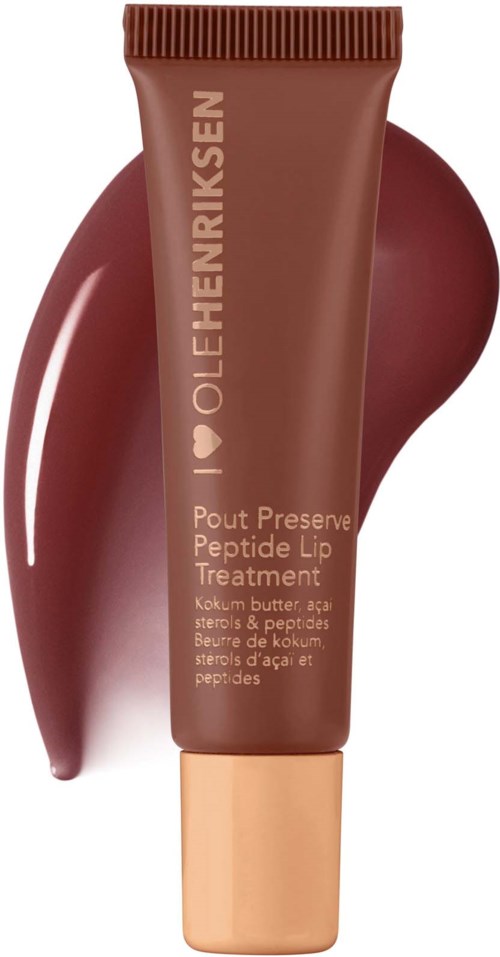 Lippenverzorgingsbuis met een swatch van lipstick erachter, gemerkt met merk en productgegevens.