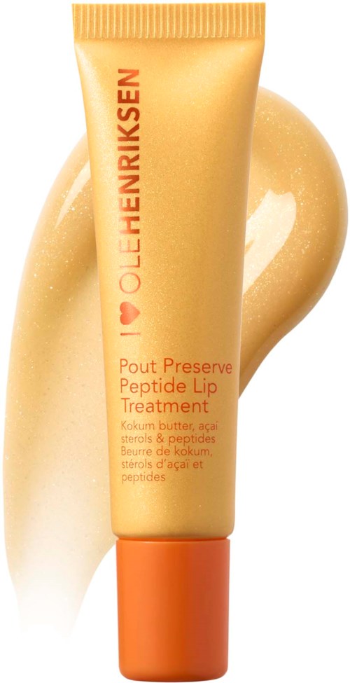 Beige Tube mit orangefarbenem Deckel, beschriftet mit 'OLEHENRIKSEN' und 'Pout Preserve Peptide Lip Treatment' in orange.