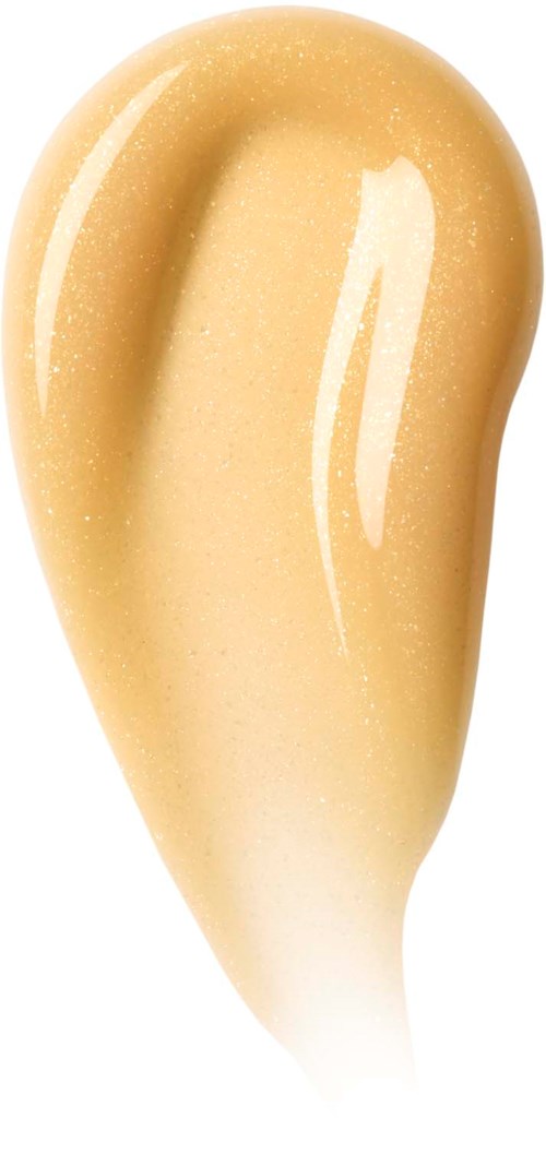 Ein Tropfen hellbeige Flüssigkeit, glänzend und glatt, mit sanfter Kurve und spitzen Ende.