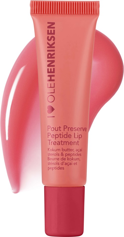 A pink tube of lip treatment with a matching swatch behind it, labeled with brand and product details.