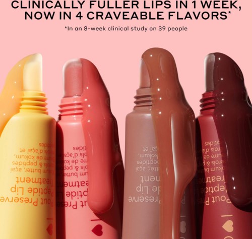 Four lip gloss tubes with different shades, showing color changes from light to dark. Text about a clinical study.