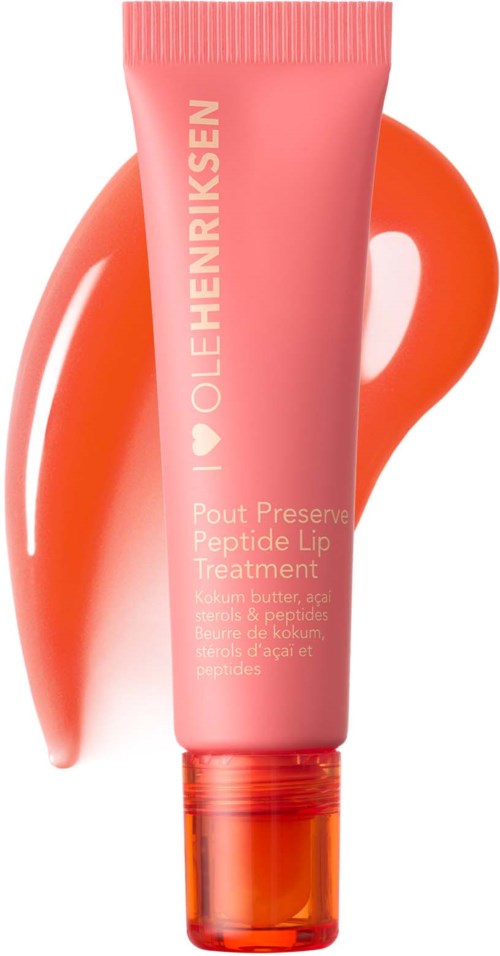 Pink tube of lip treatment with orange background and swatch of product in the background.
