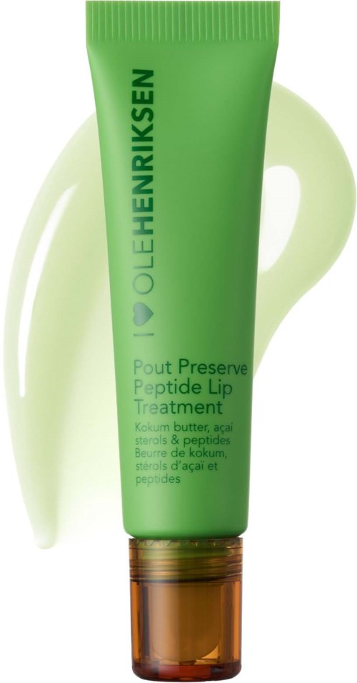 Green tube labeled Ole Henriksen Pout Preserve Peptide Lip Treatment with a swatch of light green on the side.