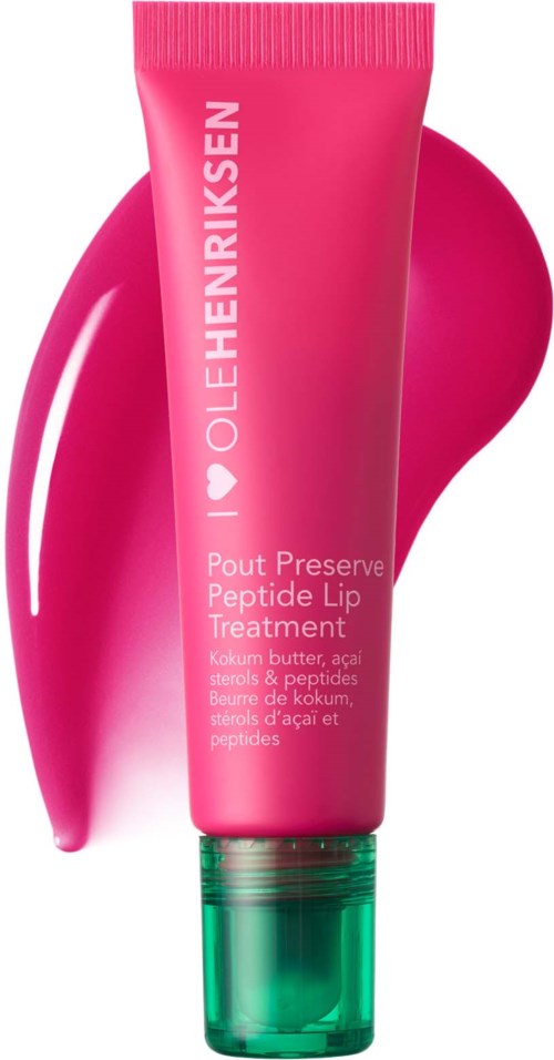 Rosa Tube mit Ole Henriksen Lippenpflege und einem Farbstrich vom Produkt.