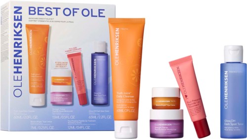Collection of skincare products in colorful tubes and jars from Ole Henriksen.

Please upload the image for a detailed description.